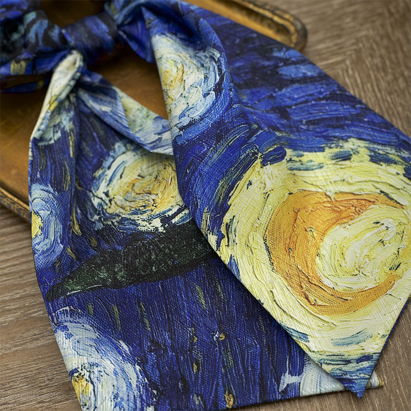 Starry Sky Dark Grain Satin Ribbon Large Intestine Ring Hair Band Vincent Van Gogh's Oil Painting High-Grade Sense Ponytail Does Not Hurt Hair Rubber Bands