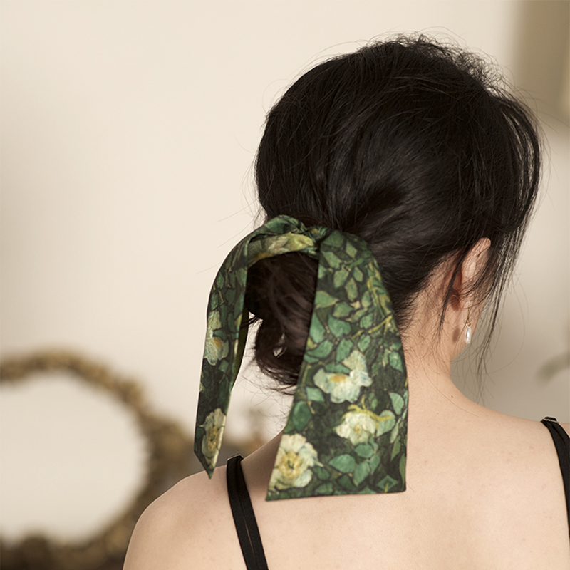 Van Gogh's Wild Rose Dark Satin Ribbon Large Intestine Hair Band Women's Exquisite Retro High-Grade Niche Headband