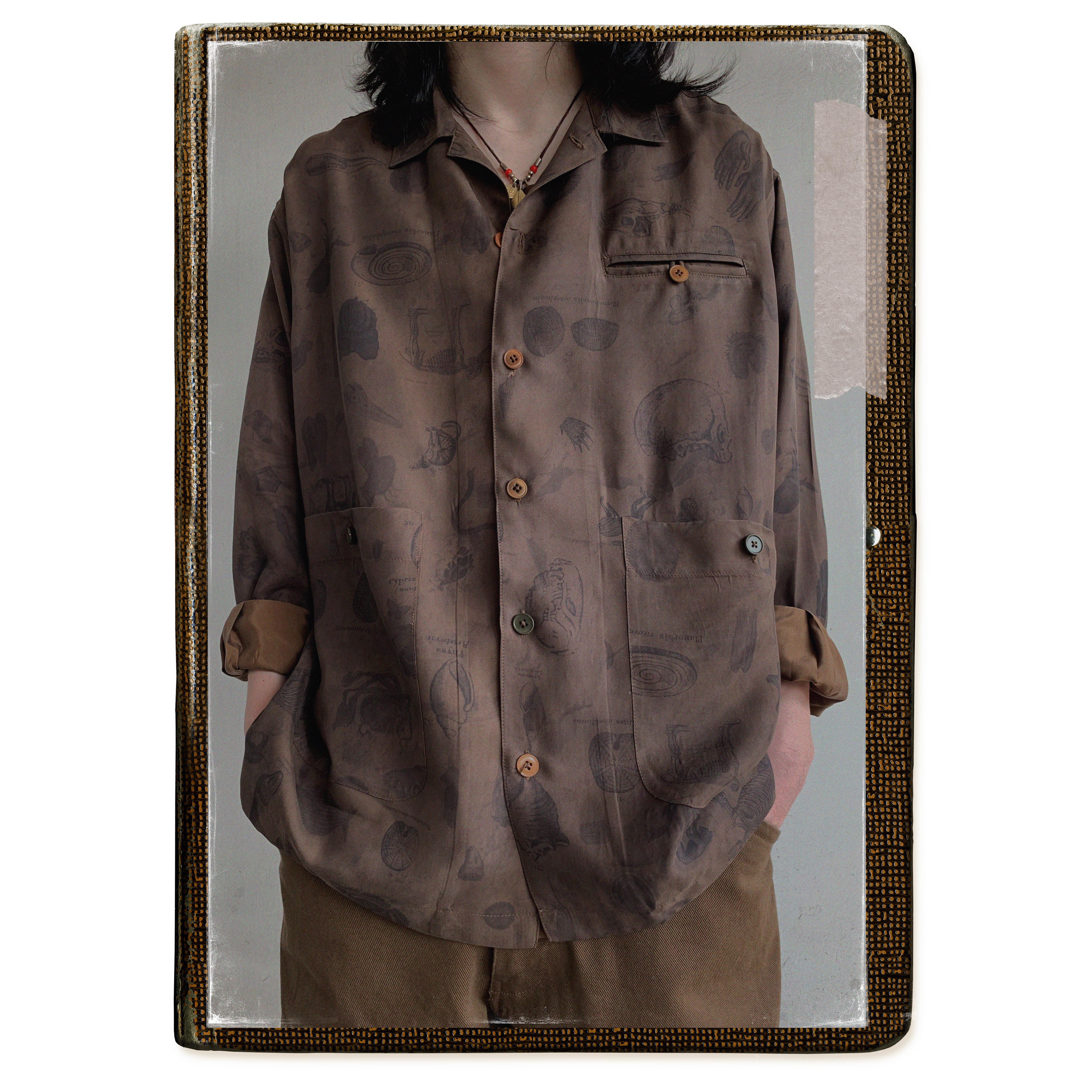 1533 | Antique printed silk long-sleeved shirt spring and summer loose drape Japanese original retro shirt trend