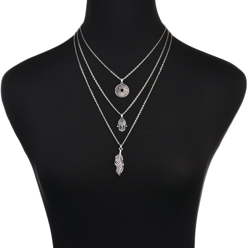 สร้อยคอ 速卖通新品 时尚多层手掌树叶吊坠百搭长款项链潮流网红简约气质  