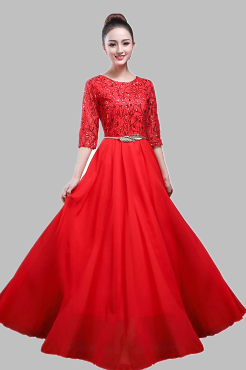 2019 new cantata performance costume female long skirt, Chinese style adult chorus performance costume sequin dress
