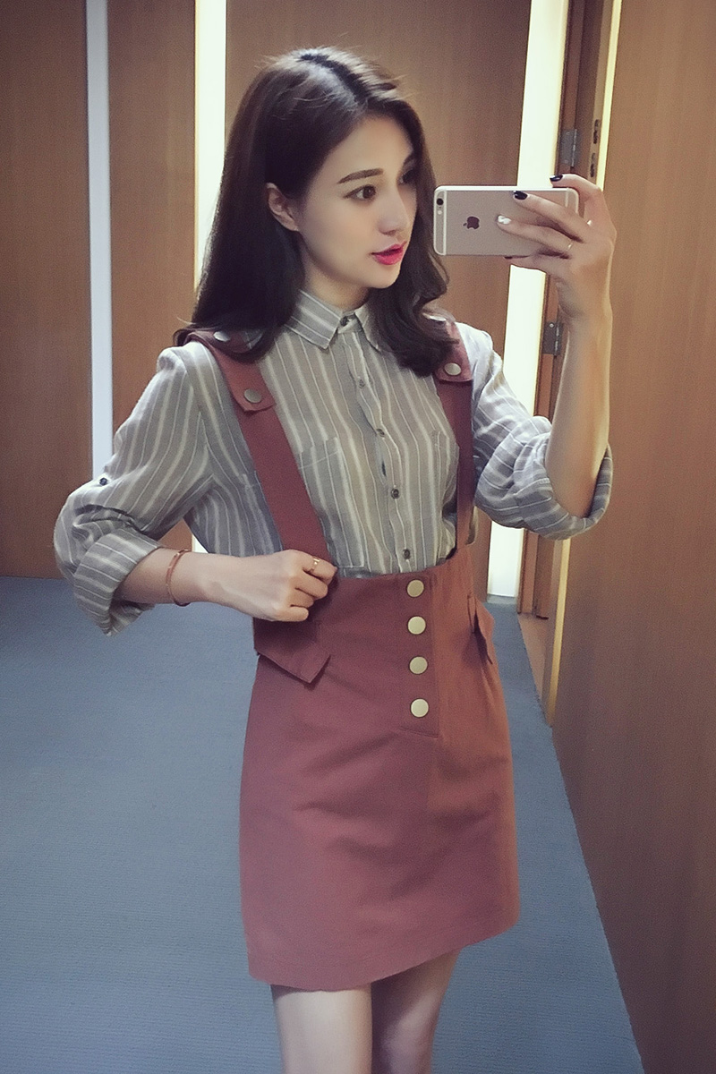 秋季新款2016韩版时尚衬衫背带连衣裙套装女