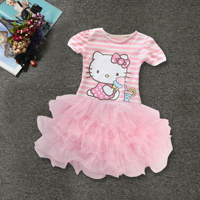 2016新款女童装宝宝韩版卡通蛋糕裙hellokitty猫咪短袖公主连衣裙