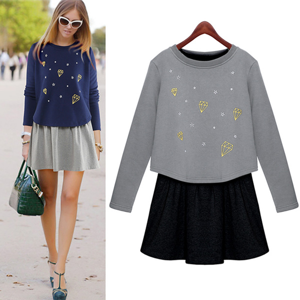 甜美2016春秋装新款女装圆领两件套印花学院风长袖连衣裙