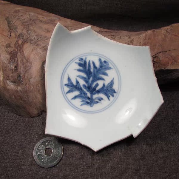 景德镇青花古瓷片 标本 明成化民窑款秋葵纹 古玩收藏 包老包真