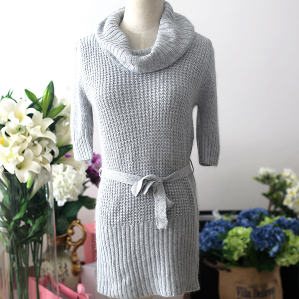 2015秋冬新款女式大翻领直筒毛衣系腰带五分袖打底针织衫毛衣026