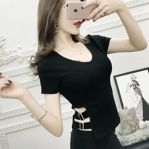 性感夜店个性女装短款韩版低胸纯棉露腰t恤女短袖修身紧身漏腰