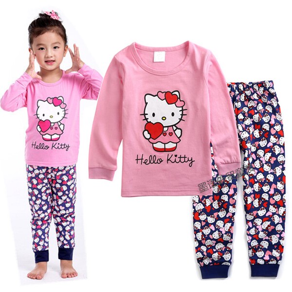 外贸纯棉儿童春秋家居服 女童Hello Kitty长袖卡通秋衣秋裤套装