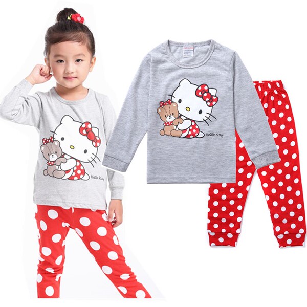 外贸纯棉儿童春秋家居服 女童Hello Kitty长袖卡通秋衣秋裤套装