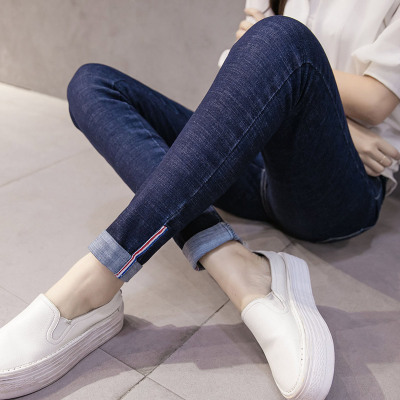 韩国流行简约百搭牛仔小脚裤女学生裤脚卷边弹性紧身春天铅笔长裤