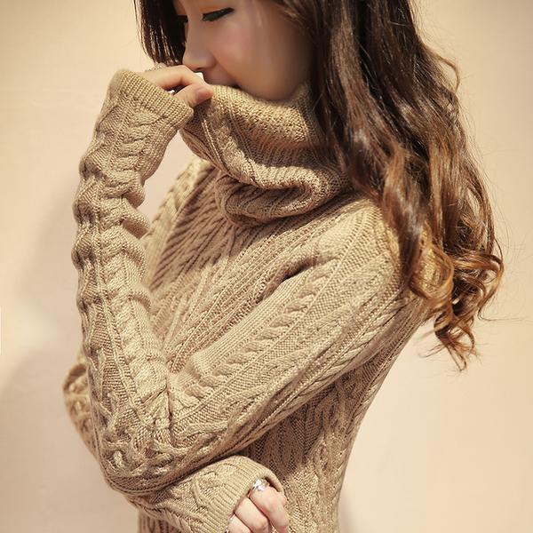 秋冬款新品韩版堆堆领中长款高领毛衣女士修身加厚套头外套打底衫