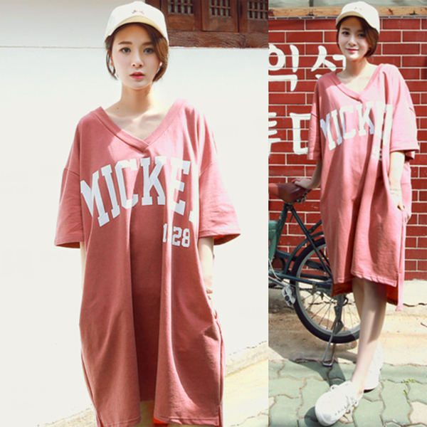 2017春装韩版V领卡通连衣裙前短后长大码宽松长款短袖t恤裙女夏