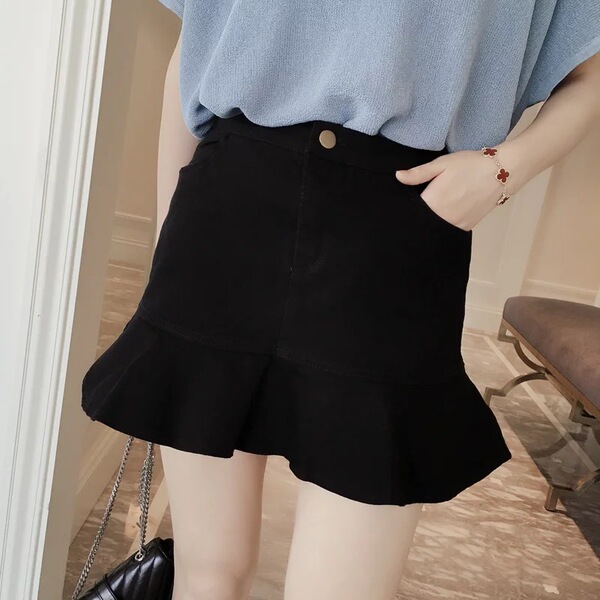 新款韩版高腰包臀裙百搭纯色A字短裙荷叶边鱼尾半身裙女学生潮
