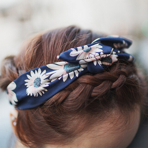 包邮韩国进口藏青度假向日葵花朵韩国绒碎花兔耳朵交叉发带发饰