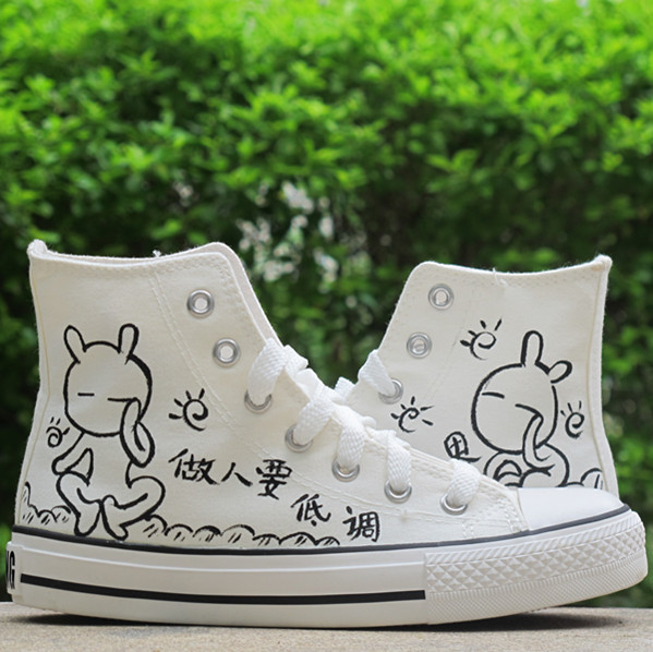 潮彩绘鞋子高帮中邦帆布鞋女男时尚个性搞怪兔斯基中学生卡通白色