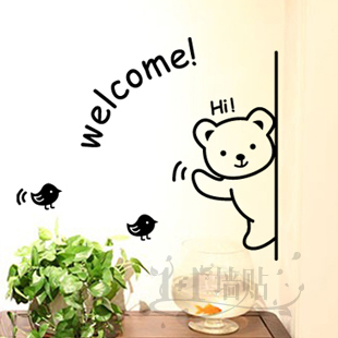 个性创意卡通欢迎光临门贴 welcome小熊墙贴纸 店铺玻璃贴 橱窗贴