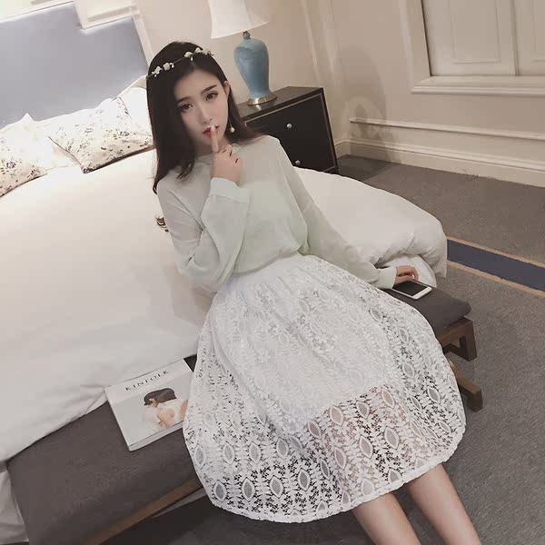 秋冬蕾丝半身裙韩版镂空高腰显瘦修身大摆中长裙A字裙蓬蓬裙女