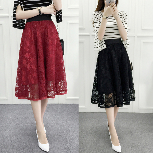 秋冬季新品韩版高腰蕾丝裙显瘦松紧腰镂空半身裙中长女A字裙