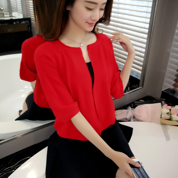 春款新款韩版女装中袖短款外搭薄款针织棉开衫无扣外套毛衣小披肩