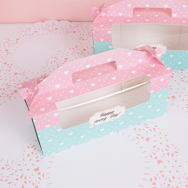 手提蛋糕盒波点开窗纸杯蛋糕包装盒蛋糕卷盒西点盒带底托批发