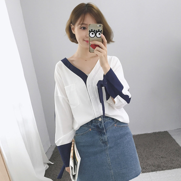春装新款韩版复古港味chic风拼色大v领袖口绑带长袖衬衣女衬衫