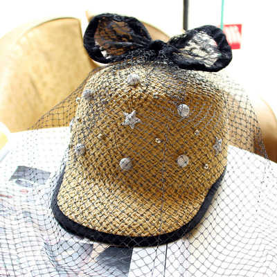 spany韩国代购夏季铆钉草帽子女户外休闲时尚网纱马术帽骑士帽潮