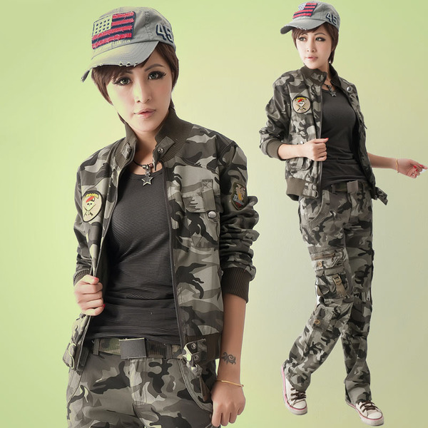 韩版新款女士战术休闲军迷套装女装军装迷彩服外套长裤工装运动服