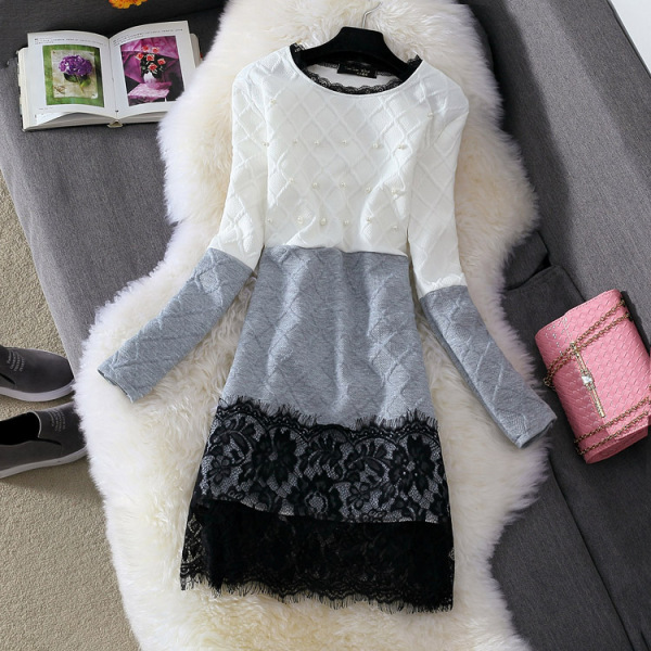 2016新款秋冬长袖订珠连衣裙女气质修身显瘦蕾丝下摆一步裙A字裙