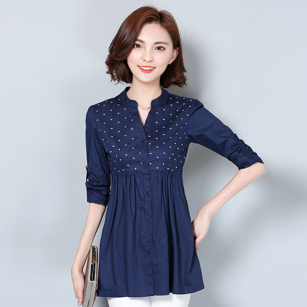 纯棉2017春秋新款长袖衬衫女韩范中长款碎花衬衣女装上衣大码显瘦