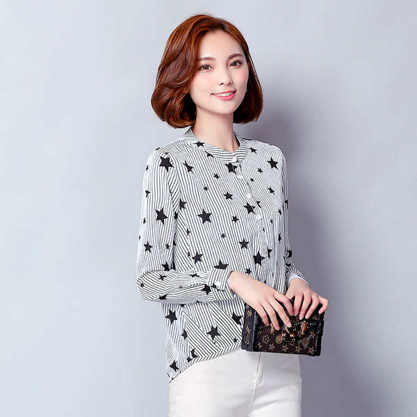英伦风少女衬衫女长袖2017春秋新款五角星女上衣圆领宽松打底衫潮