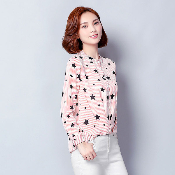 英伦风少女衬衫女长袖2017春秋新款五角星女上衣圆领宽松打底衫潮