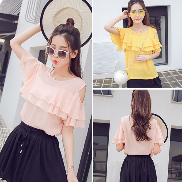 2017早春新款女装甜美荷叶边露肩宽松显瘦短袖打底雪纺衫上衣女