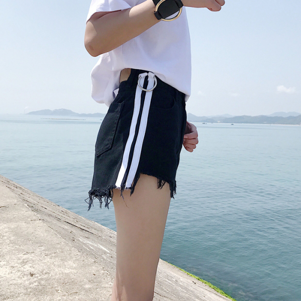 春夏女装韩版侧面条纹毛边牛仔短裤高腰宽松阔腿裤显瘦学生牛仔裤