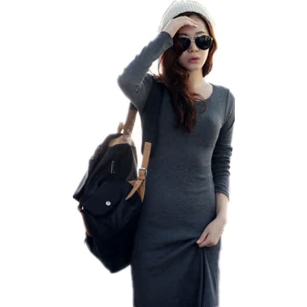 2017春莫代尔连衣裙修身女士打底裙大码包臀裙长袖长裙圆领显瘦裙