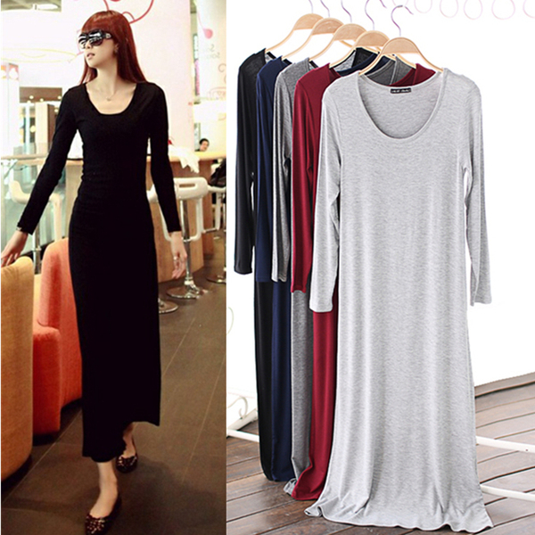 2017春莫代尔连衣裙修身女士打底裙大码包臀裙长袖长裙圆领显瘦裙