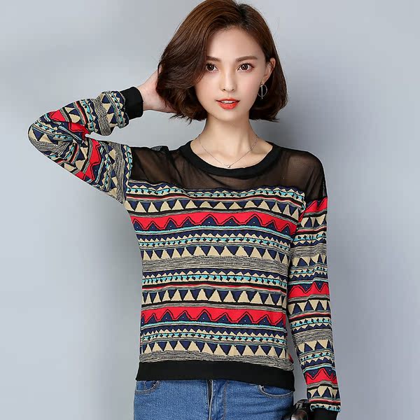 女式长袖t恤衫显瘦秋冬打底衫 大码女装外穿网纱袖加绒蕾丝上衣潮