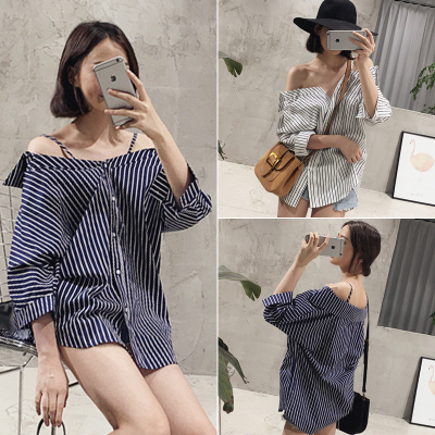 2016夏秋新款韩版露肩一字领宽松吊带上衣中长款百搭条纹衬衣女潮