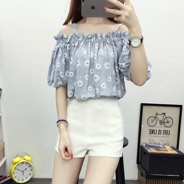 韩版露肩百搭甜美吊带衬衫女一字领衬衣修身学院风印花漏肩上衣夏