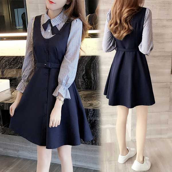 2016秋冬新品学院风韩版女装气质显瘦收腰连衣裙假两件拼接短裙女