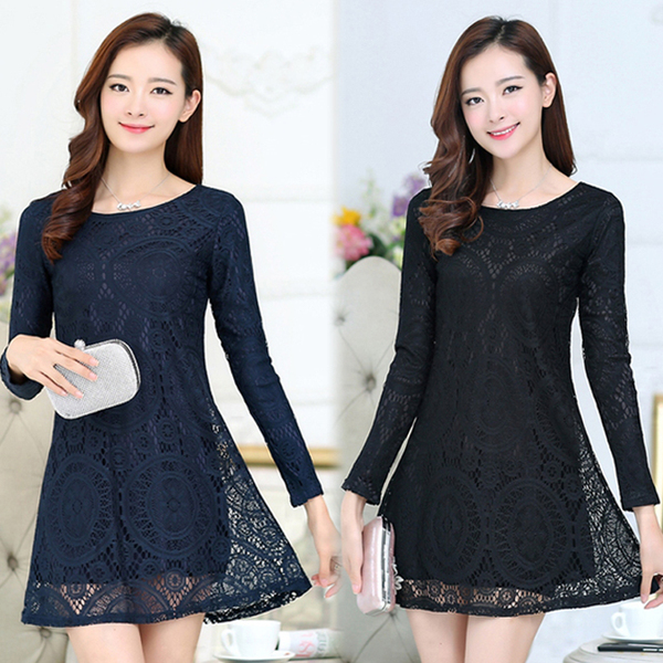 加绒加厚蕾丝连衣裙长袖秋装女装新款韩版显瘦大码中裙A字打底裙