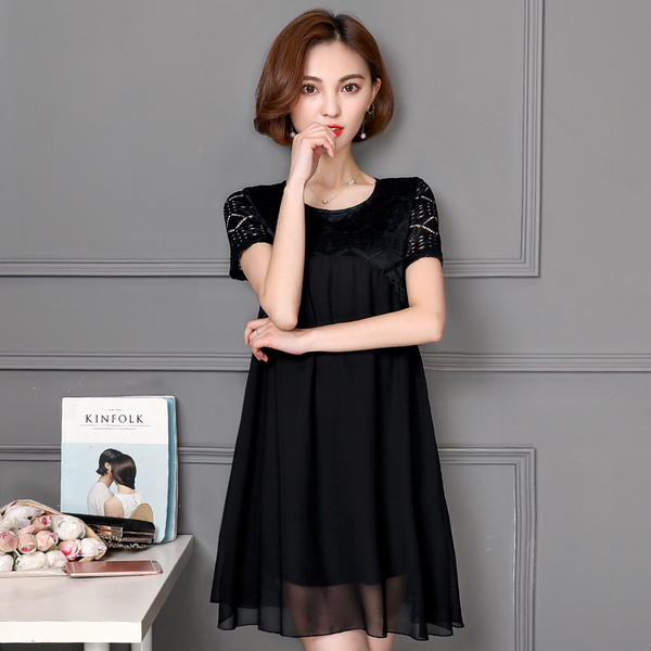 2017夏装胖mm中长款打底衫加肥加大码蕾丝宽松显瘦短袖雪纺连衣裙