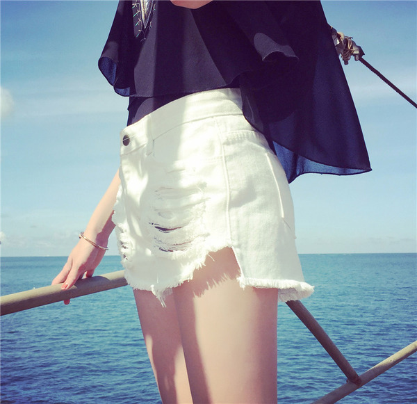白色破洞牛仔短裤女夏百搭韩国宽松高腰毛边流苏短裤学生阔腿热裤