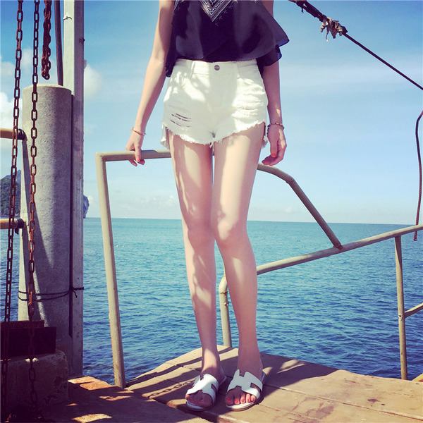 白色破洞牛仔短裤女夏百搭韩国宽松高腰毛边流苏短裤学生阔腿热裤