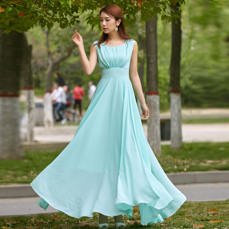 莎点新款 夏季长款无袖雪纺长裙波西米亚连衣裙女夏天沙滩裙大摆