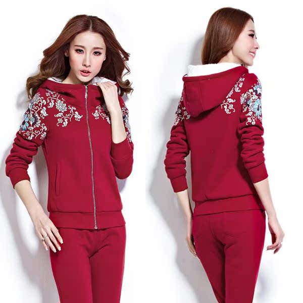 秋冬装新款修身显瘦加绒加厚卫衣三件套女长袖休闲装运动服套装女