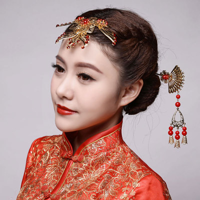 艾米新娘中式古装头饰发簪新娘扇形金色步摇发簪套装结婚旗袍发饰