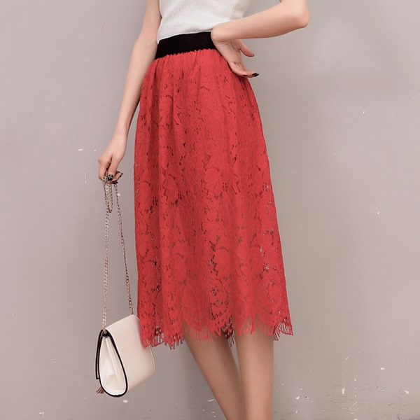 蕾丝半身裙中长款两面穿网纱裙a字长裙高腰百褶裙2017春季新款夏