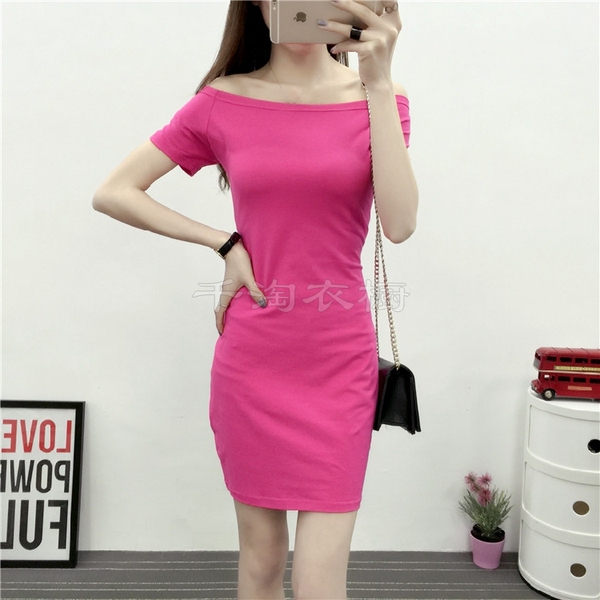 夏款女装纯棉短袖一字领露肩裙性感修身包臀连衣裙打底漏肩中长裙