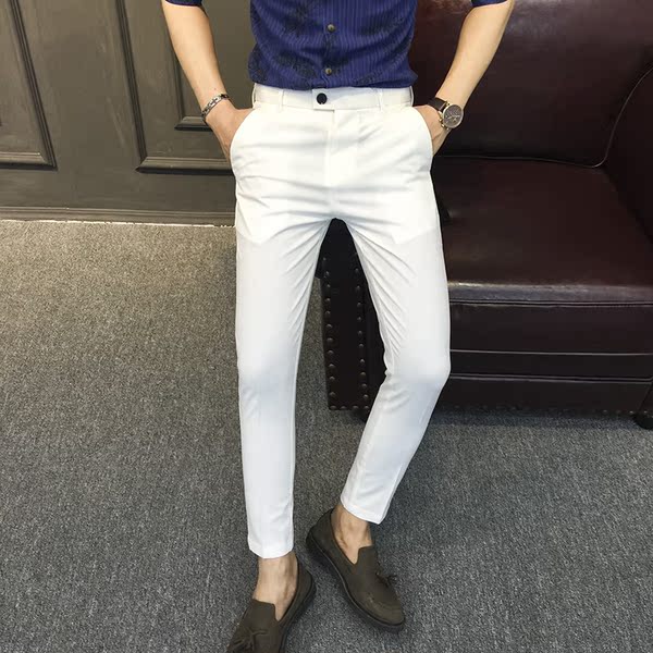 夏季新款英伦风白色九分休闲裤潮男修身白色小脚西裤免烫弹力显瘦
