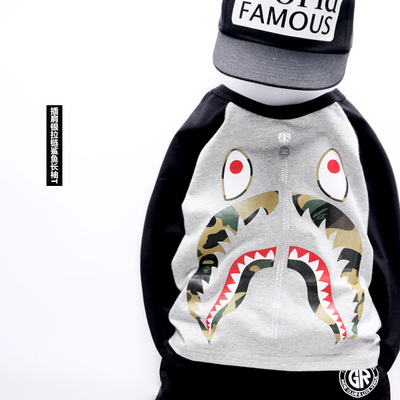 秋季童装新款 潮儿童男童宝宝银拉链迷彩鲨鱼头插肩长袖t恤打底衫